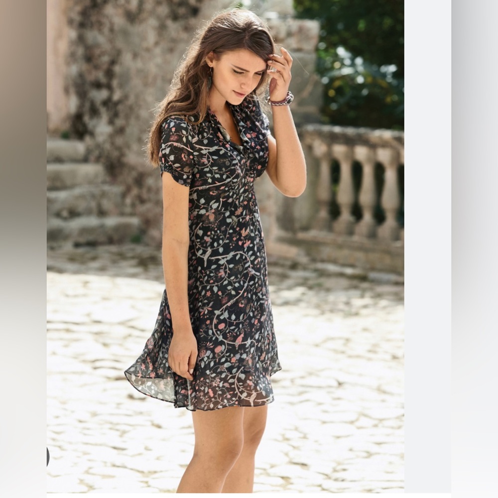 Peruvian Connection Black Floral Short-Sleeve V-Neck Dress